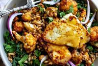Crispy Halloumi Farro Bowls with Maple Dijon Drizzle