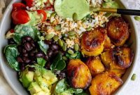 Vibrant Vegan Plantain Rice Bowls with Creamy Avocado-Cilantro Dressing