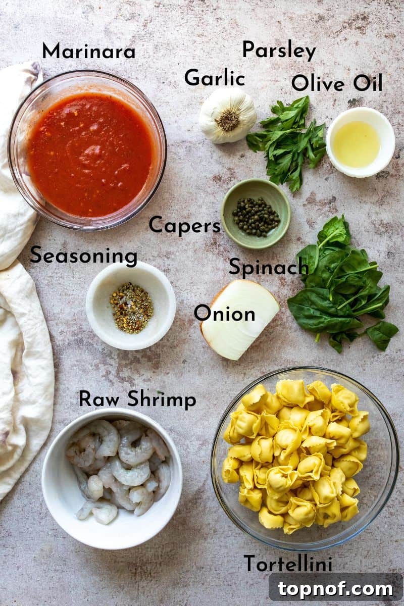 Fra Diavolo Shrimp Tortellini 3 Various ingredients for Shrimp Tortellini Fra Diavolo, including shrimp, marinara sauce, tortellini, and capers, laid out in bowls on a kitchen counter.