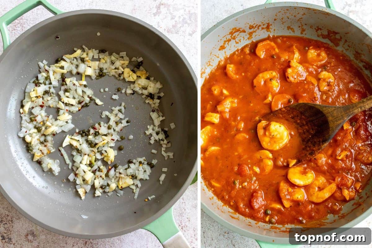 Fra Diavolo Shrimp Tortellini 4 Step-by-step photos showing the process of cooking shrimp tortellini in a pan, with shrimp and sauce simmering.