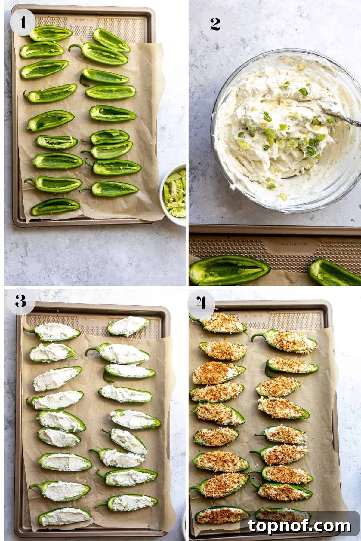A step-by-step visual of the jalapeño popper preparation, showing halved peppers on a parchment-lined baking sheet, and the creamy cheese filling being prepared in a glass bowl.
