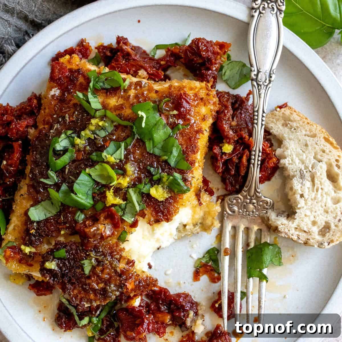 Golden Feta with Fiery Honey Drizzle 2 Crispy Pan Fried Feta served on a white plate, garnished with vibrant green basil, bright red sun-dried tomatoes, and a fork ready to dive in. The golden crust hints at its delightful texture.