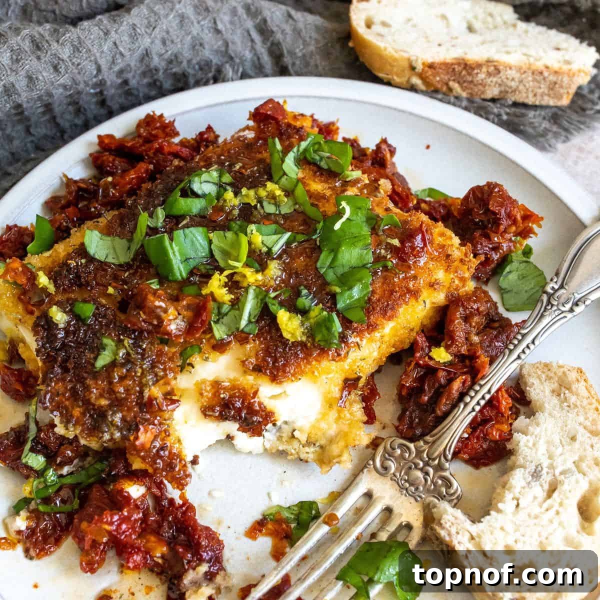 Golden Feta with Fiery Honey Drizzle 5 An enticing close-up of Pan Fried Feta, richly drizzled with hot honey, adorned with fresh basil and sun-dried tomatoes, showcasing its gourmet appeal.