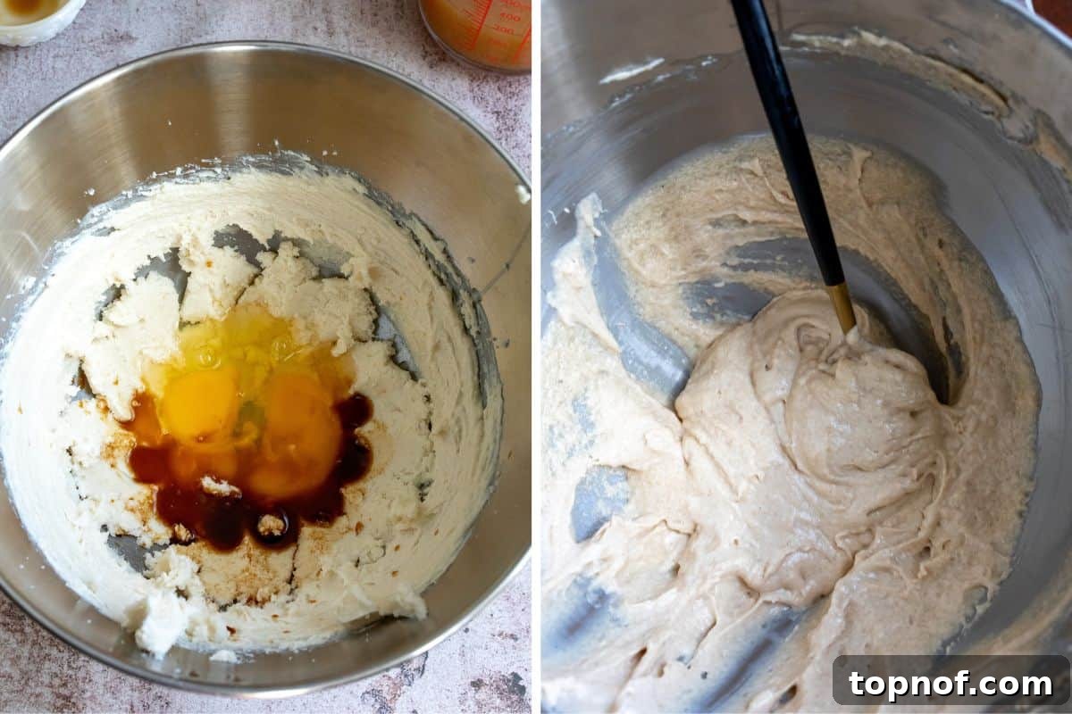 Cupcake batter being mixed in a stand mixer, demonstrating one of the key steps in making Apple Cider Cupcakes.
