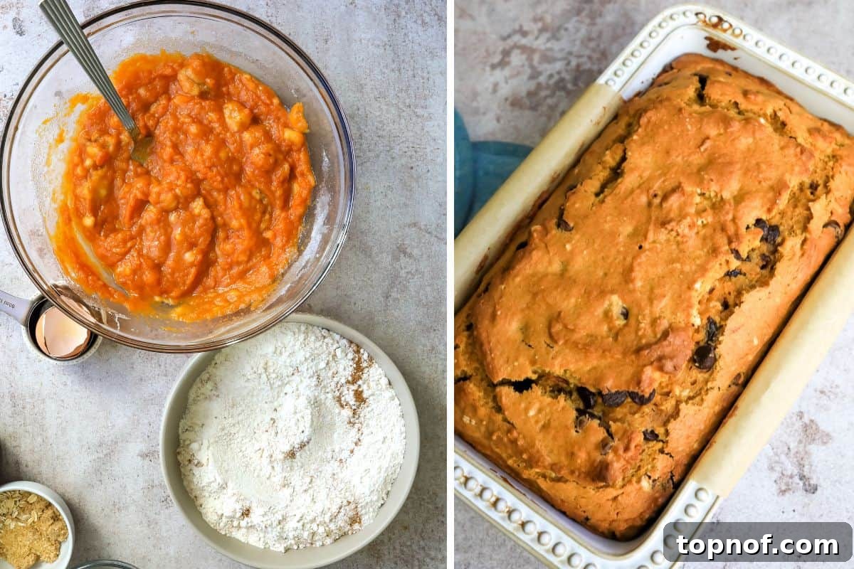 Decadent Chocolate Pumpkin Loaf 4 Easy Pumpkin Bread steps clearly shown, from mixing to ready batter.