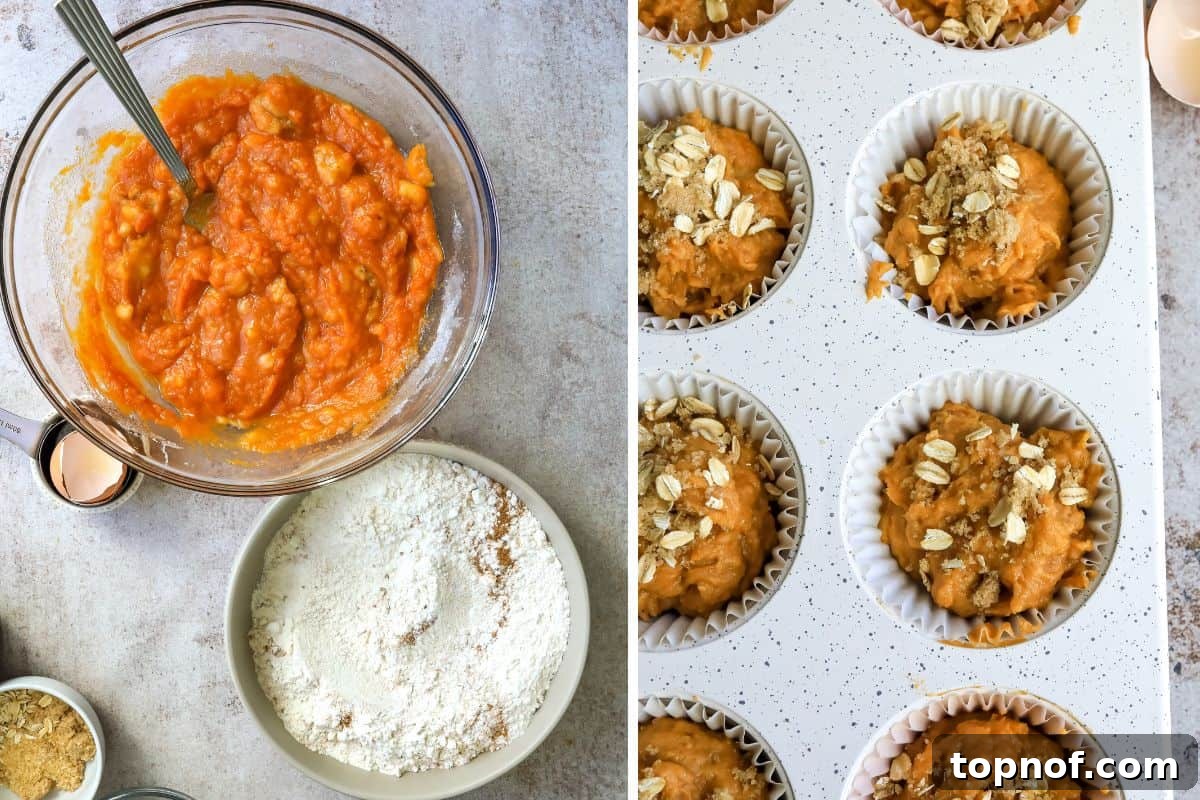 Pumpkin Banana Bliss Muffins 4 Different stages of mixing pumpkin banana muffin batter in bowls, showcasing wet and dry ingredients.