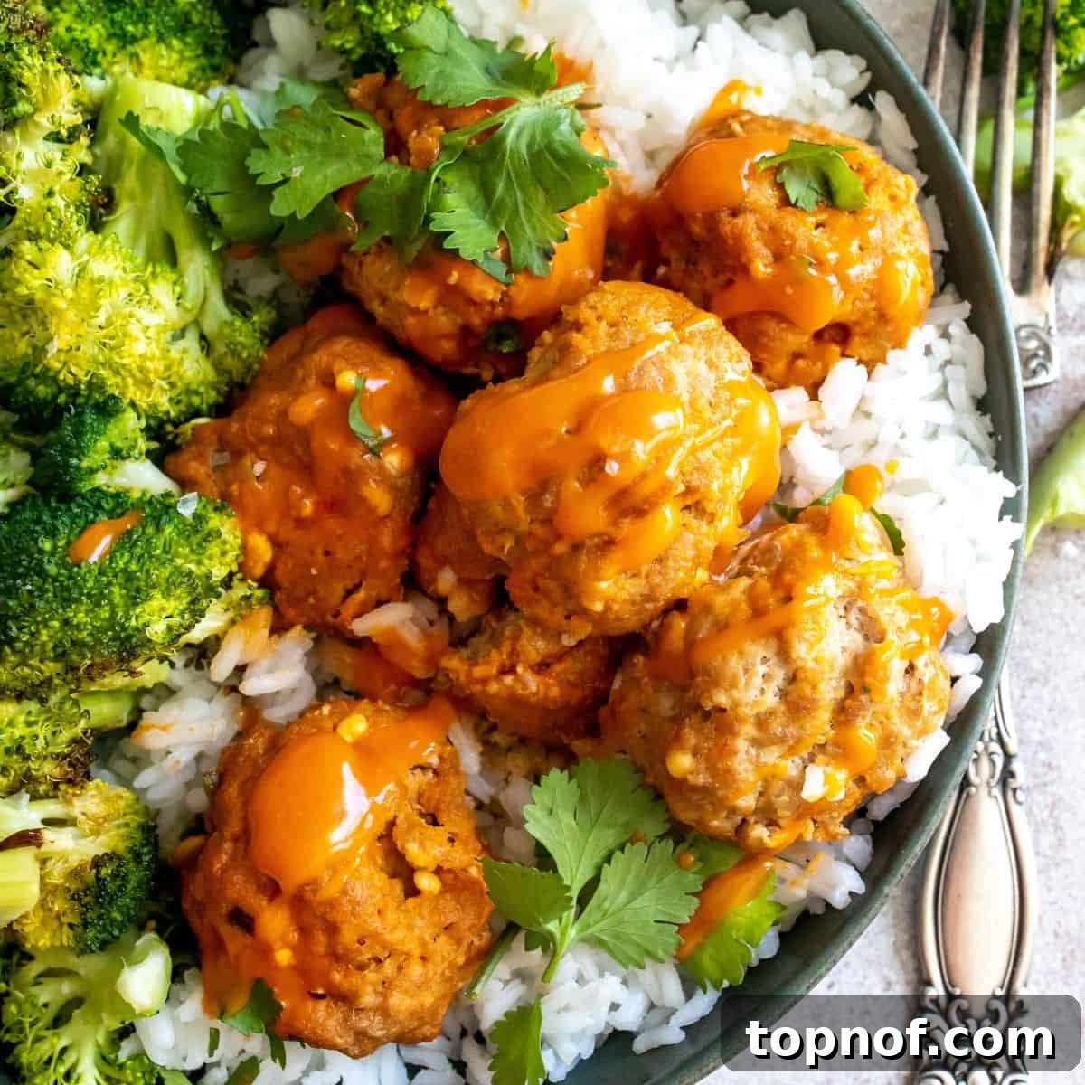 Delicious buffalo chicken meatballs served in a bowl over a bed of rice with a side of steamed broccoli, ready to be enjoyed as a healthy and flavorful meal.