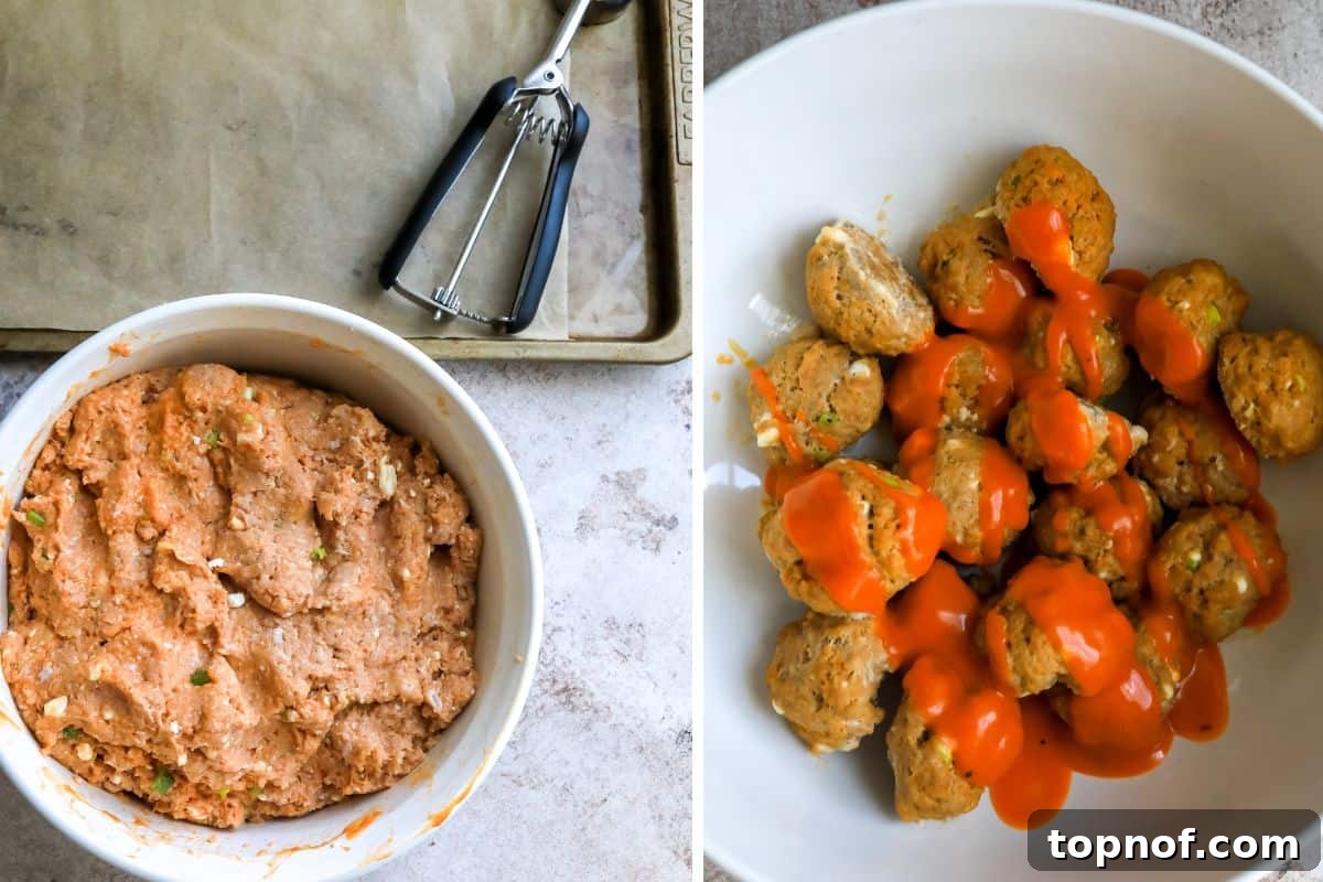 A visual guide showing the process of making buffalo chicken meatballs, from the raw mixture in a bowl to the beautifully cooked meatballs drizzled with buffalo sauce on a baking sheet.
