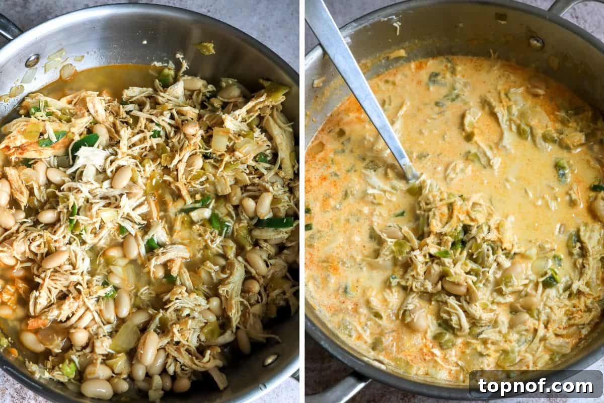 Creamy Chicken White Bean Chili 4 The cooking process of white bean chili shown in a large soup pot with a silver spoon for stirring.
