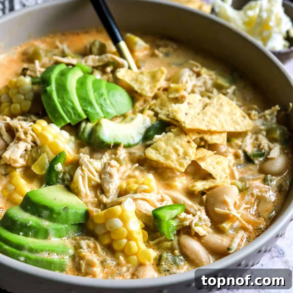 Creamy Chicken White Bean Chili 5 A close-up view of White Bean Chicken Chili in a bowl, generously topped with fresh cilantro, avocado, and sour cream.