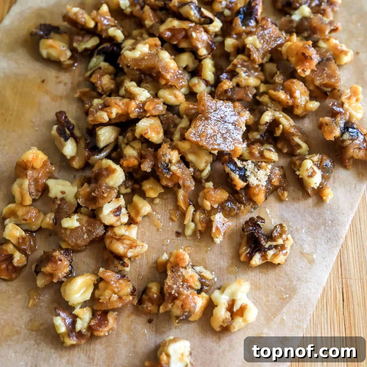 Bakery Style Cinnamon Muffins with Candied Walnuts 5 Freshly made candied walnuts cooling on a sheet of parchment paper, ready to top the muffins.