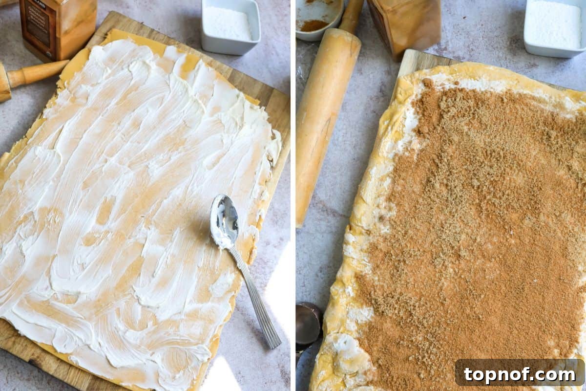 Warm Spiced Pumpkin Rolls 5 Dough rolled out on a cutting board, ready for the cinnamon sugar filling.