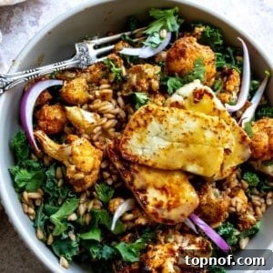 Farro Bowl with Maple Dijon Dressing and Halloumi