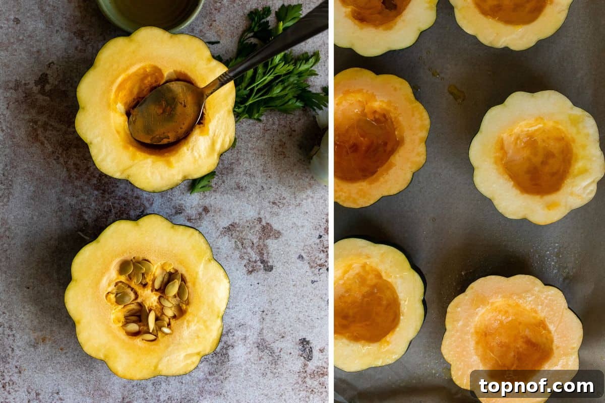 Hearty Sausage-Filled Acorn Squash 4 The first step in making stuffed acorn squash: carefully cutting and preparing the squash halves.