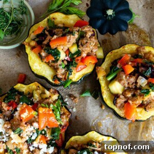 Stuffed Acorn Squash With Sausage, ready to eat.