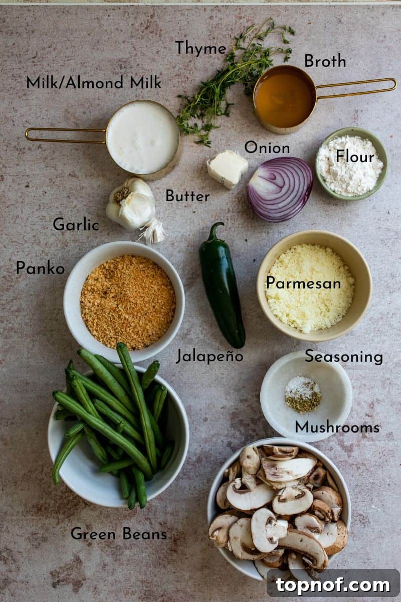 Lightened Up Green Bean Casserole 3 Ingredients needed for Healthy Green Bean Casserole laid out on a counter with bowls, showcasing fresh produce.
