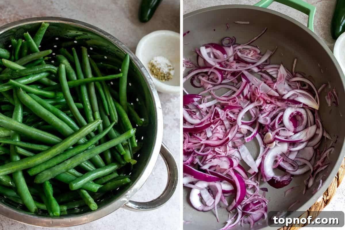 Lightened Up Green Bean Casserole 4 Steps to make Healthy Green Bean Casserole Recipe, showing green beans being blanched.