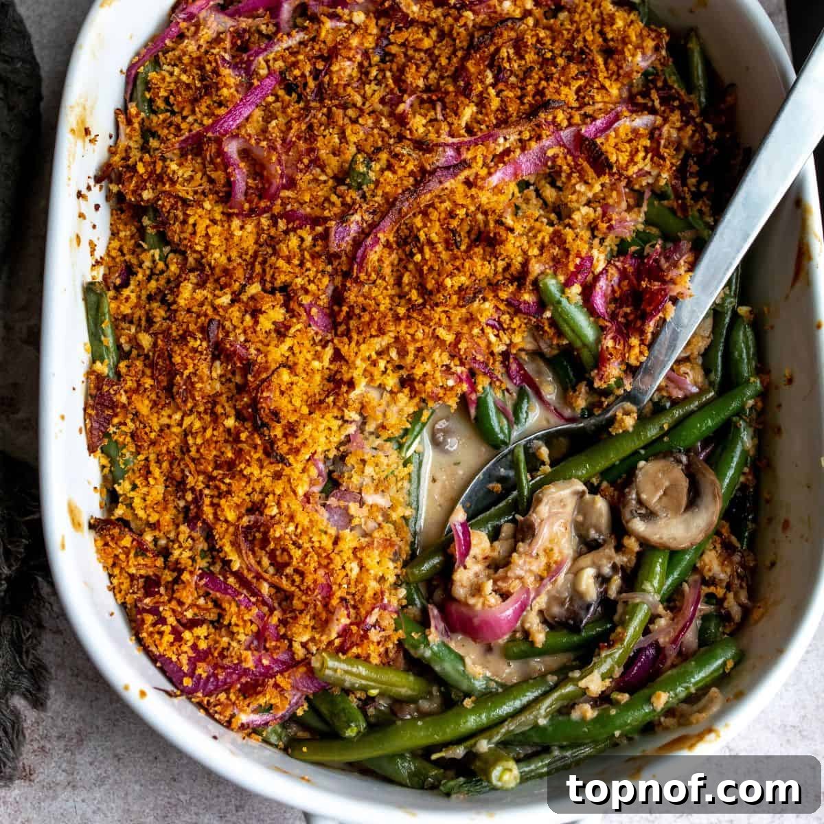 Lightened Up Green Bean Casserole 5 Healthy Green Bean Casserole Recipe in a baking dish, ready to be served.