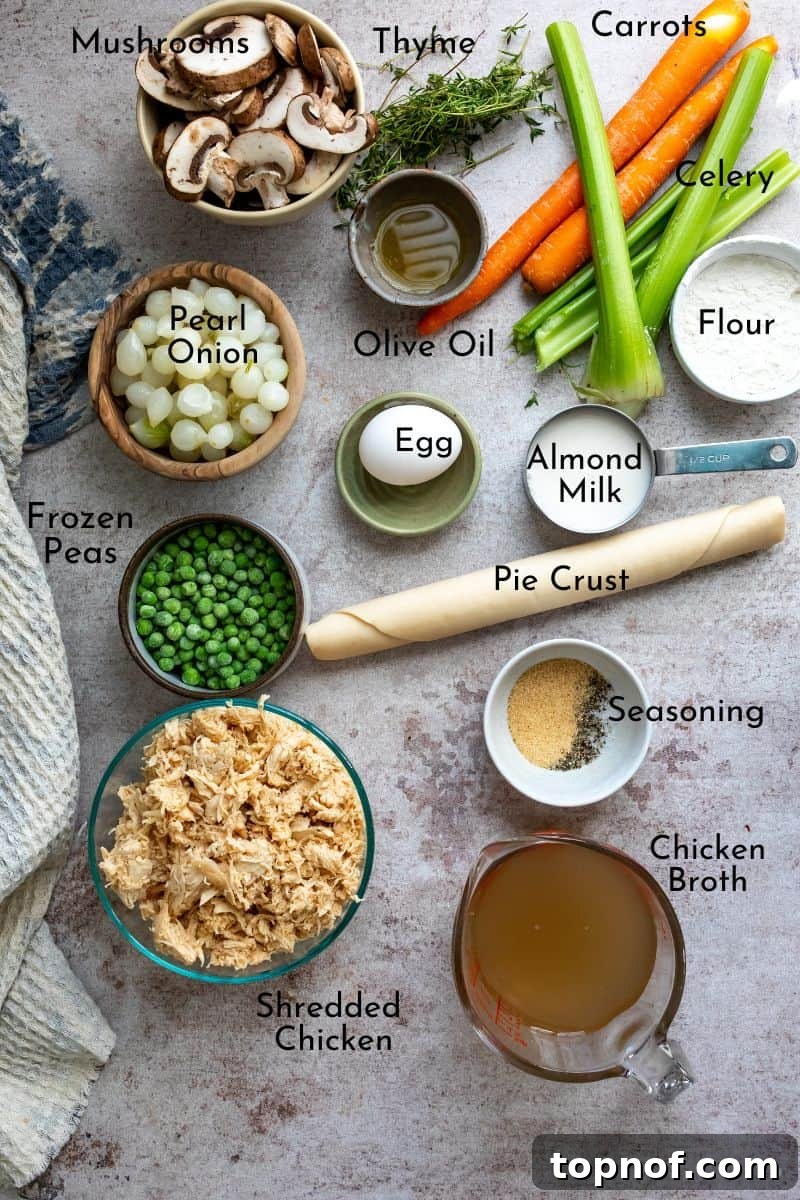Healthy Chicken Pot Pie ingredients neatly arranged on a kitchen counter.