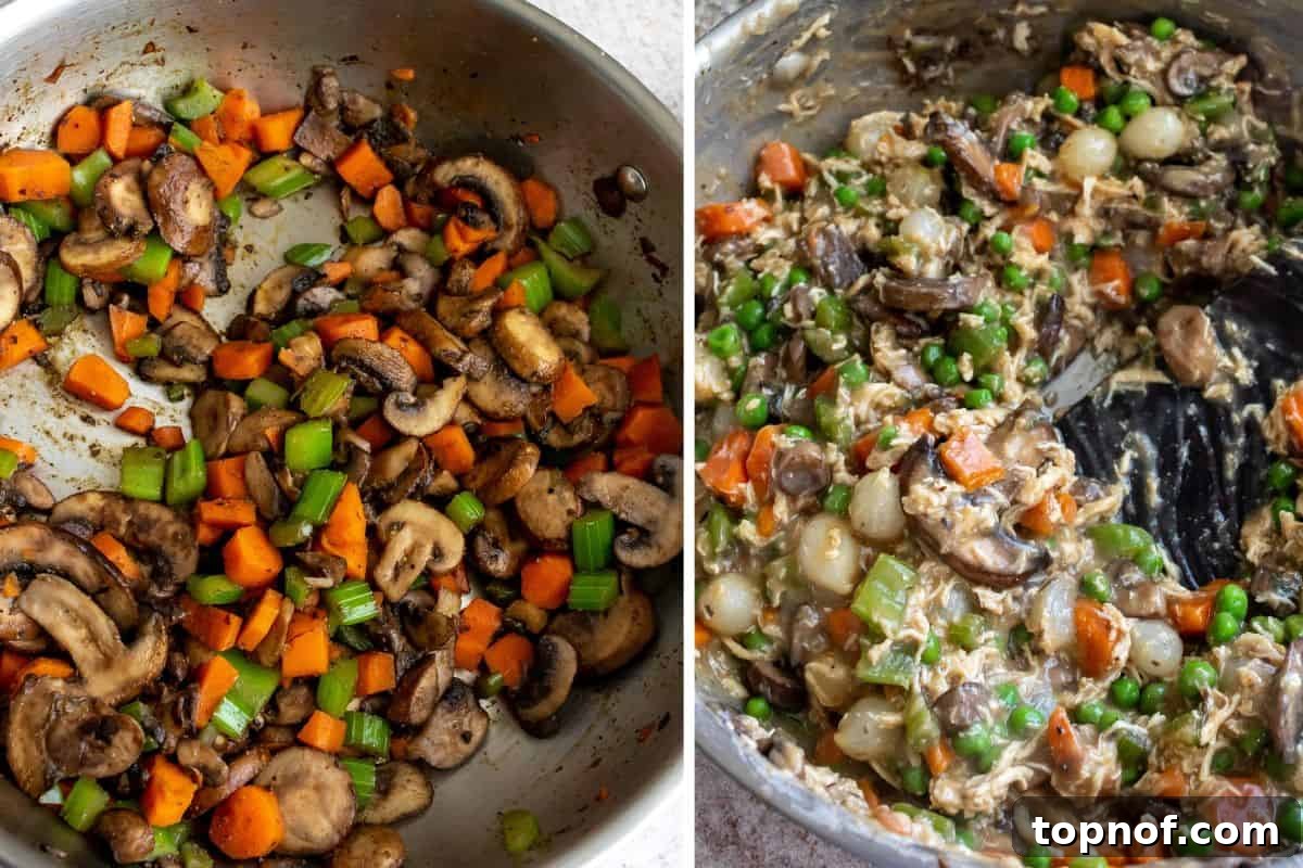 Healthy Chicken Pot Pie steps to make in a skillet, showing vegetables cooking.