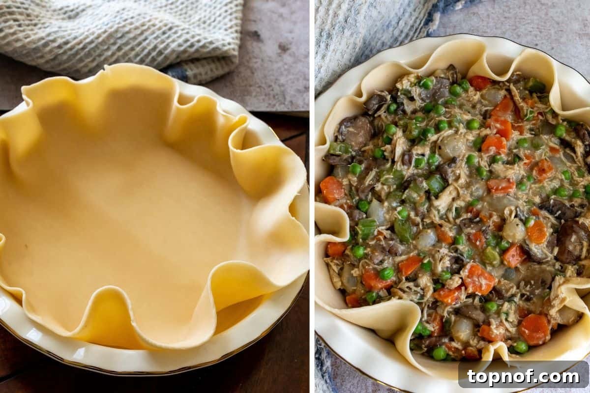 Healthy Chicken Pot Pie steps, showing the filling in a pie dish.