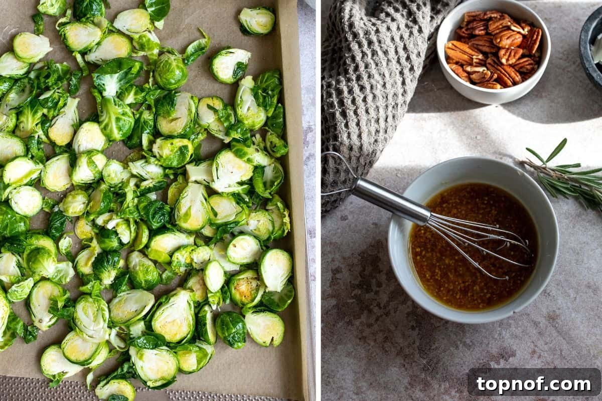 Autumn Farro Grain Bowl with Fresh Greens 4 Thinly sliced Brussels sprouts seasoned with olive oil, garlic powder, salt, and pepper, spread on a parchment-lined baking sheet, ready for roasting.