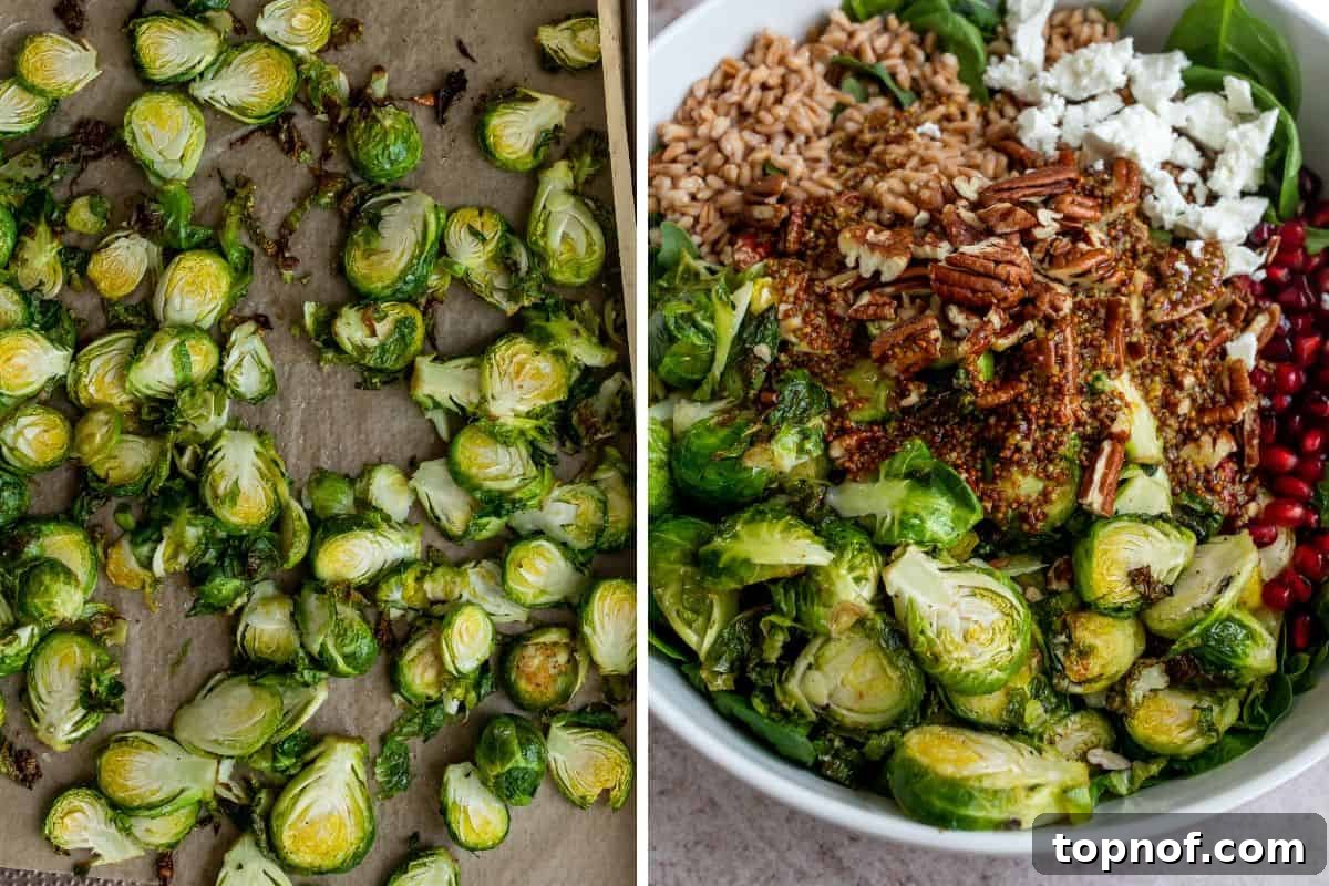 Autumn Farro Grain Bowl with Fresh Greens 5 All the vibrant fall salad ingredients, including roasted Brussels sprouts, farro, greens, pecans, feta, and pomegranate, piled high in a large mixing bowl, ready to be tossed with dressing.