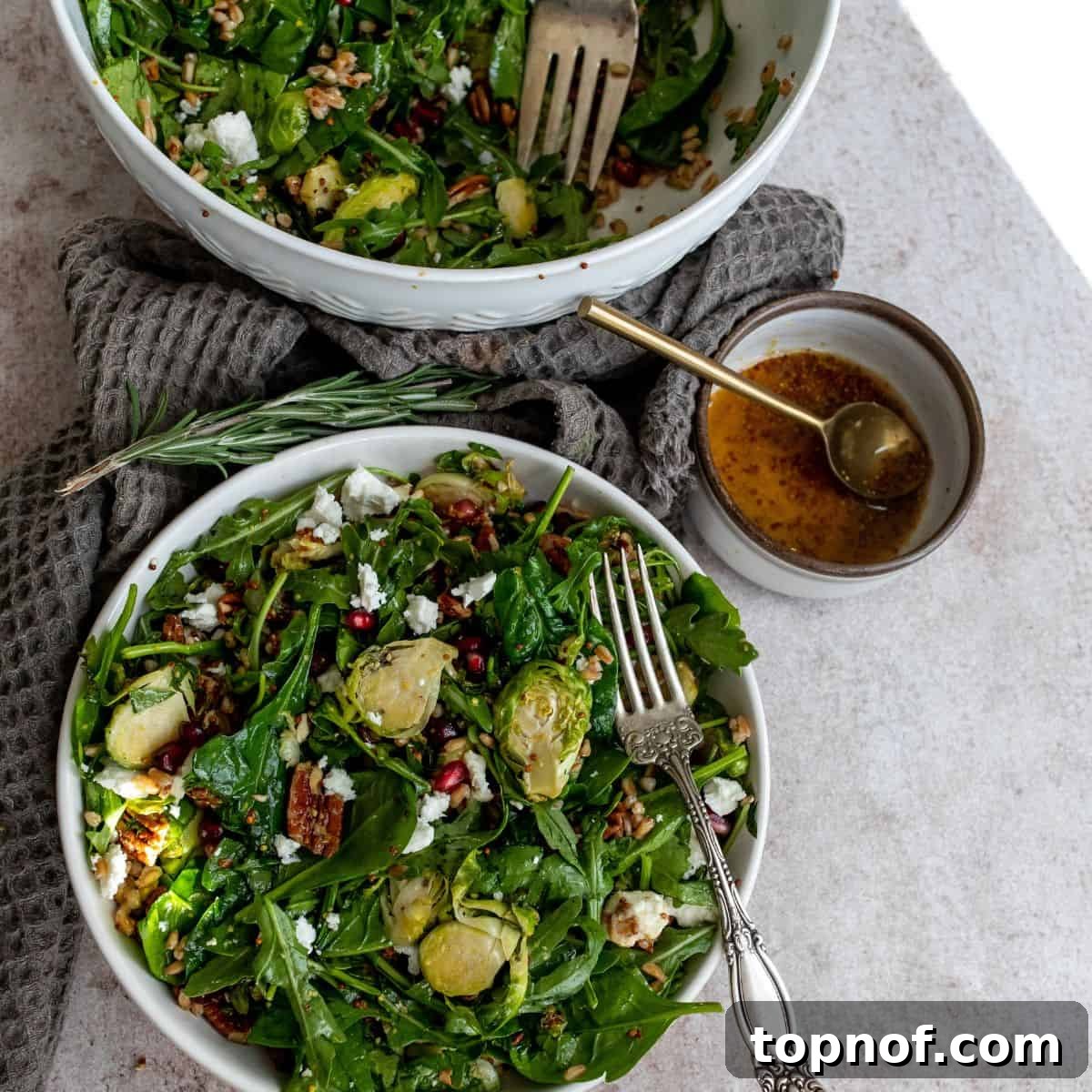 Autumn Farro Grain Bowl with Fresh Greens 6 The finished Fall Salad, beautifully plated in an elegant bowl with a fork, and a small dish of extra dressing on the side.