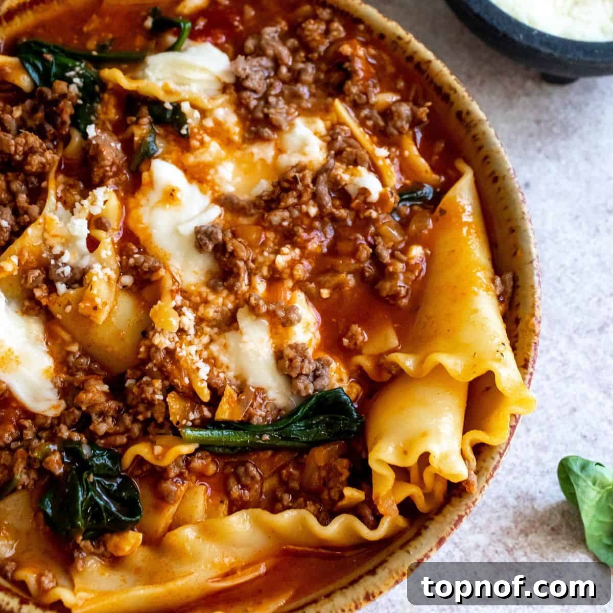 Skillet Lasagna Comfort 2 Rich, savory One Pot Lasagna Soup served in a rustic bowl, garnished with a dollop of creamy ricotta and fresh herbs, ready to be enjoyed.