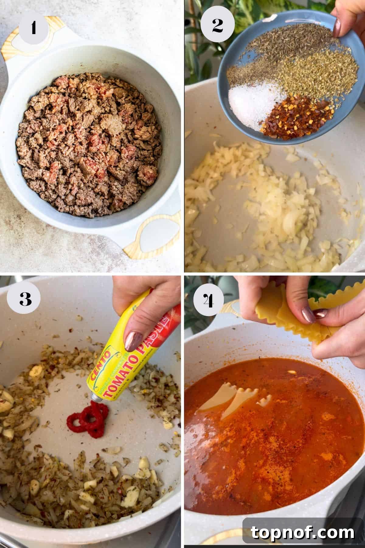 Skillet Lasagna Comfort 4 Visual guide showing stages of cooking One Pot Lasagna Soup in a large Dutch oven: browning meat, sautéing aromatics, adding sauce and broth, and finally simmering.