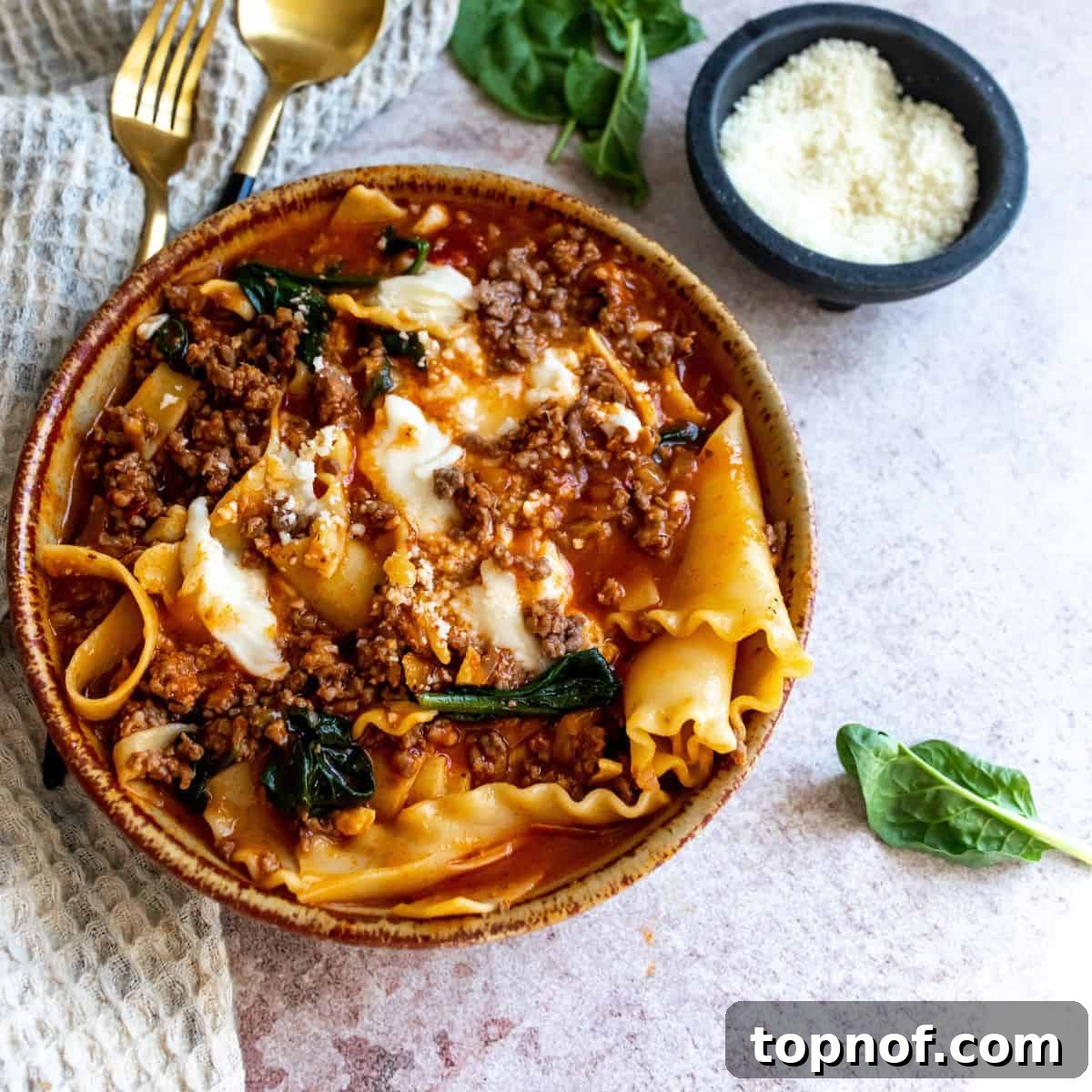 Skillet Lasagna Comfort 6 A serving of One Pot Lasagna Soup, topped with a luscious dollop of melted mozzarella and creamy ricotta, ready to be eaten.