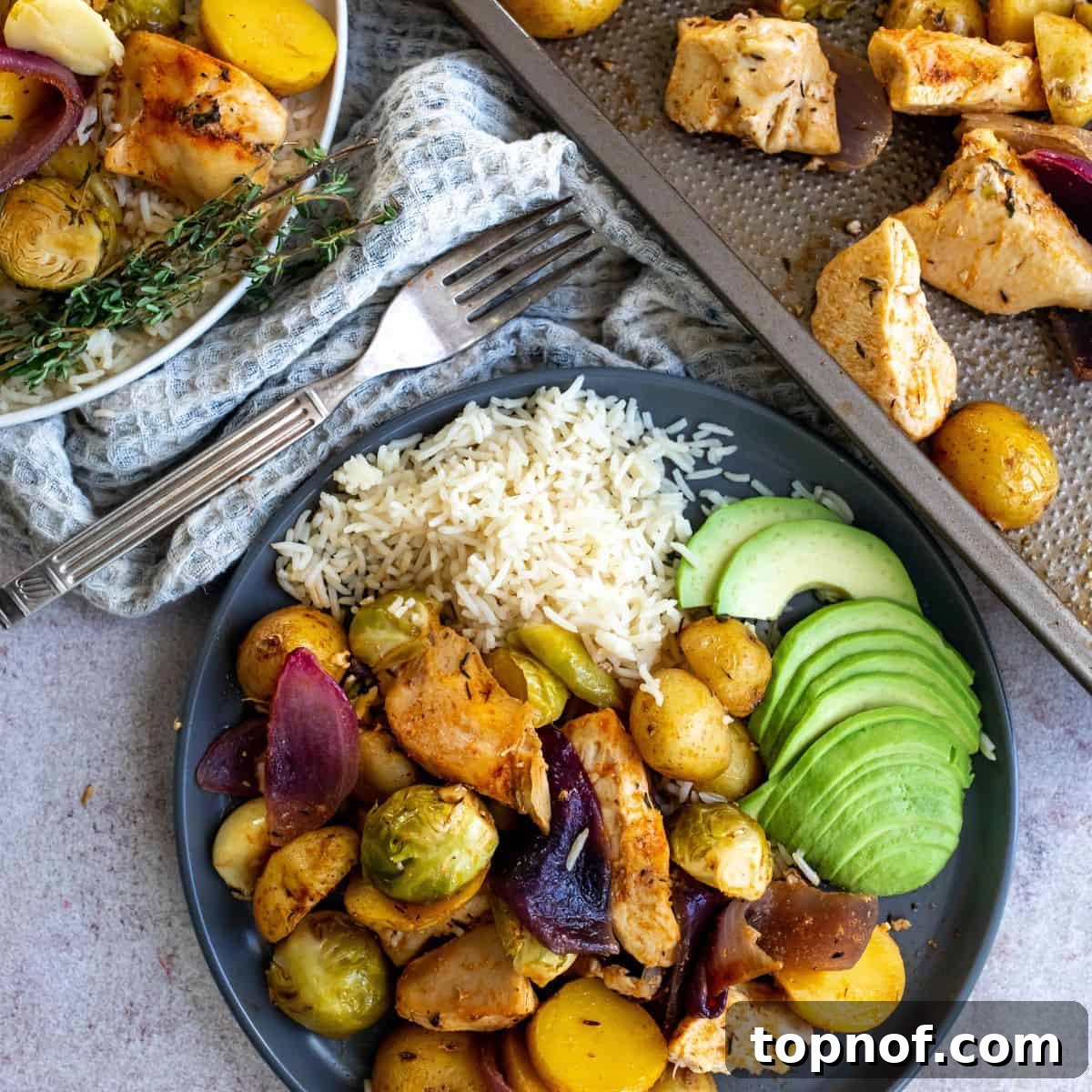 Effortless Roasted Chicken and Vegetables 2 A grey plate featuring a portion of golden-brown chicken chunks and roasted vegetables, prepared as a sheet pan meal.