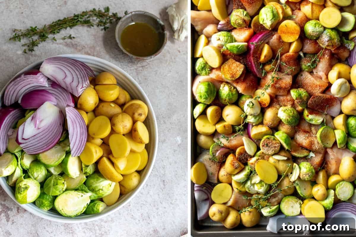 Effortless Roasted Chicken and Vegetables 4 A sheet pan loaded with cubed chicken, sliced red onions, quartered new potatoes, and halved brussels sprouts, all seasoned and ready for the oven.