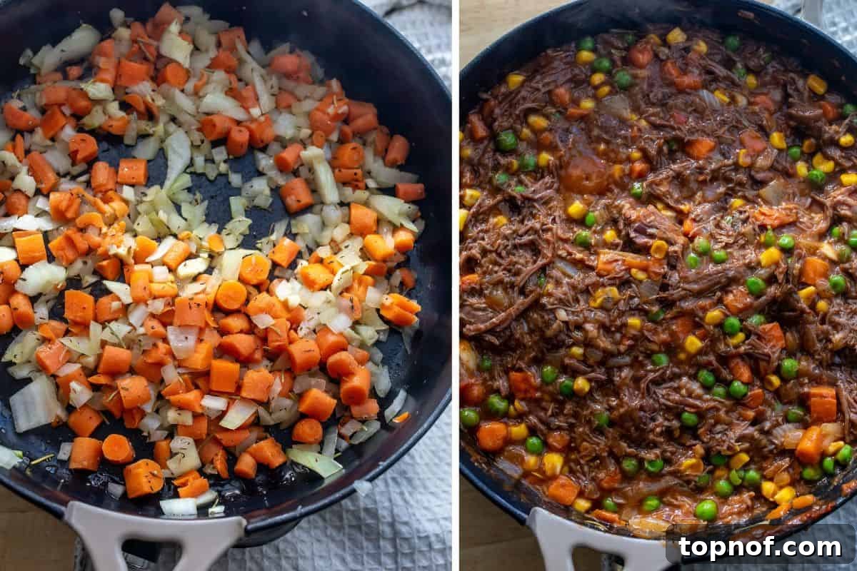 Stages of making Dairy-Free Shepherd’s Pie in a cast iron skillet, showing the meat mixture being prepared.