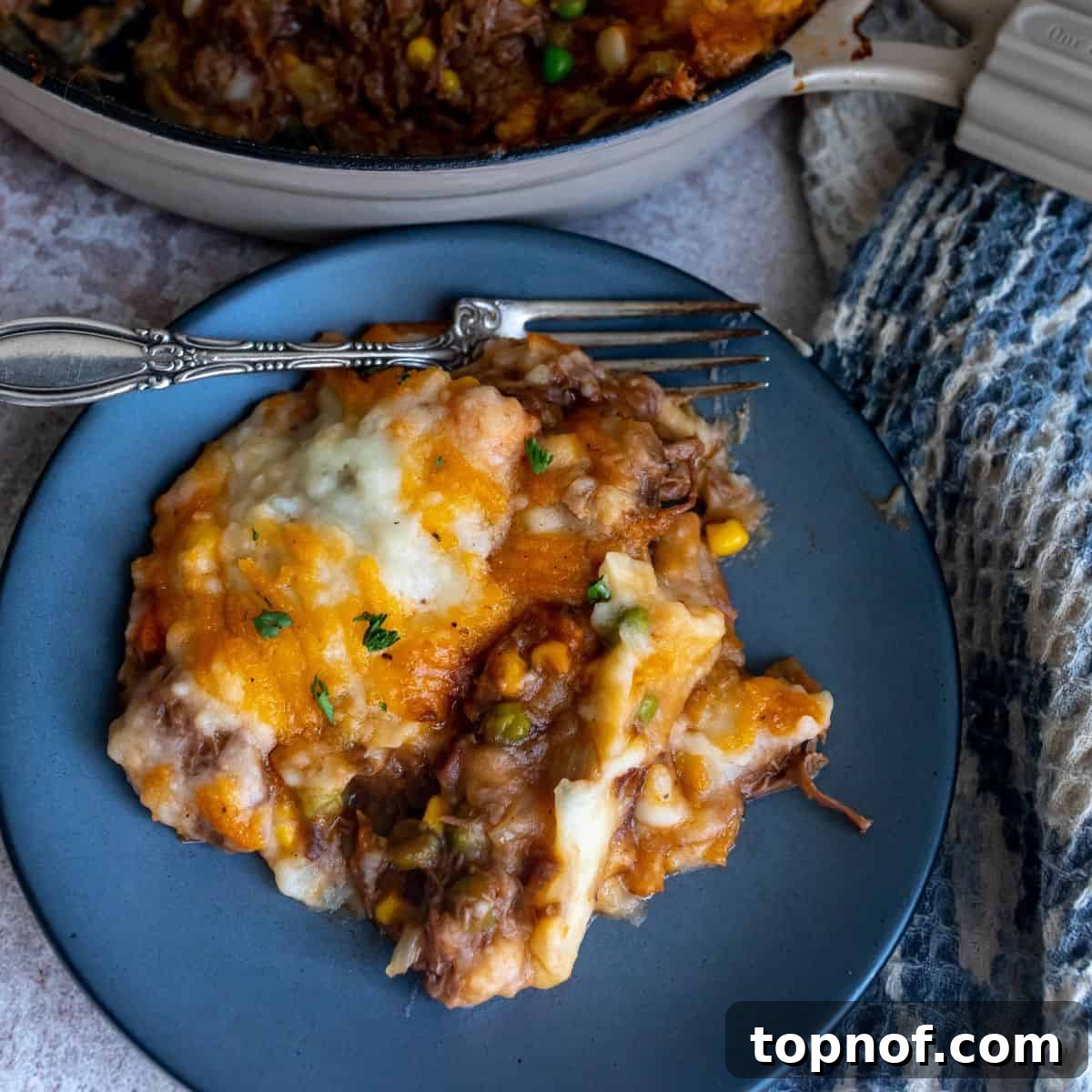 The finished dairy-free Shepherd’s Pie, piping hot and ready to serve, showing a perfect golden-brown mashed potato crust.