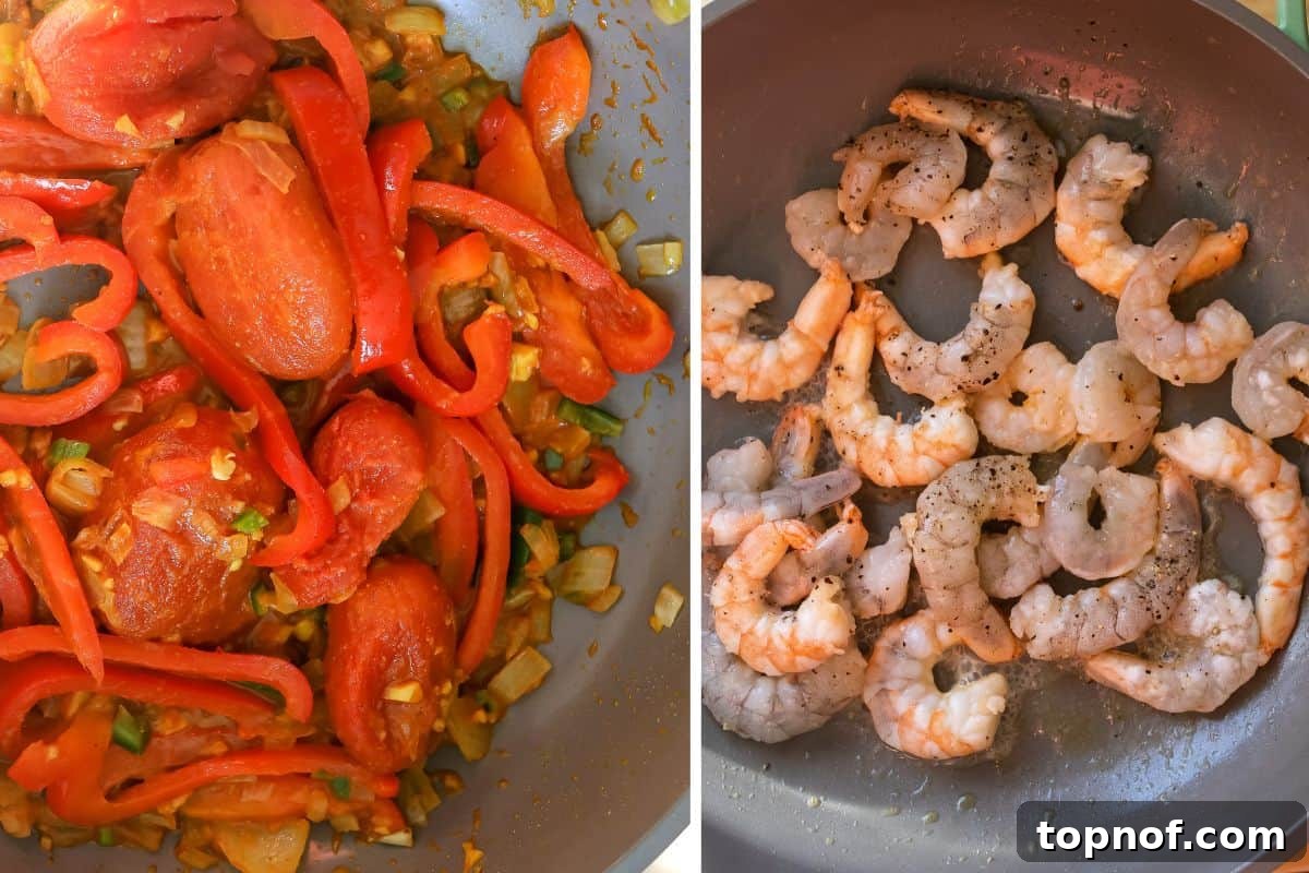 Velvety Coconut Shrimp Curry 5 Succulent shrimp being gently sautéed in a skillet, just before being enveloped by the rich, aromatic red curry sauce.