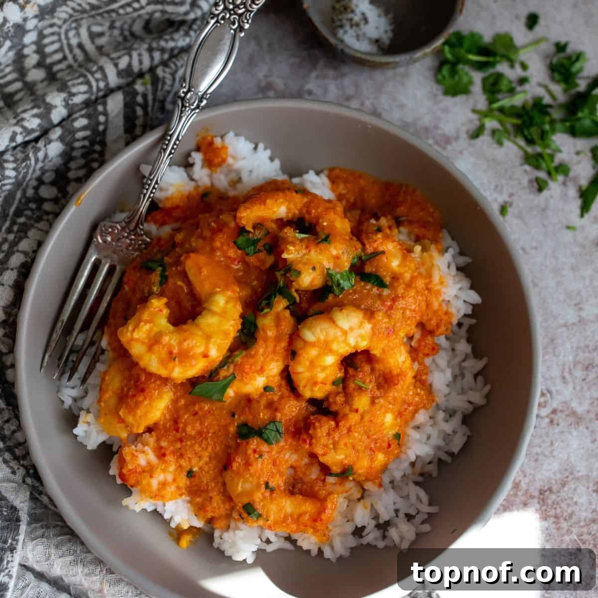 Velvety Coconut Shrimp Curry 6 A beautifully plated Coconut Shrimp Curry in a bowl, served alongside a portion of fluffy white rice and garnished with vibrant fresh cilantro, ready to be enjoyed.