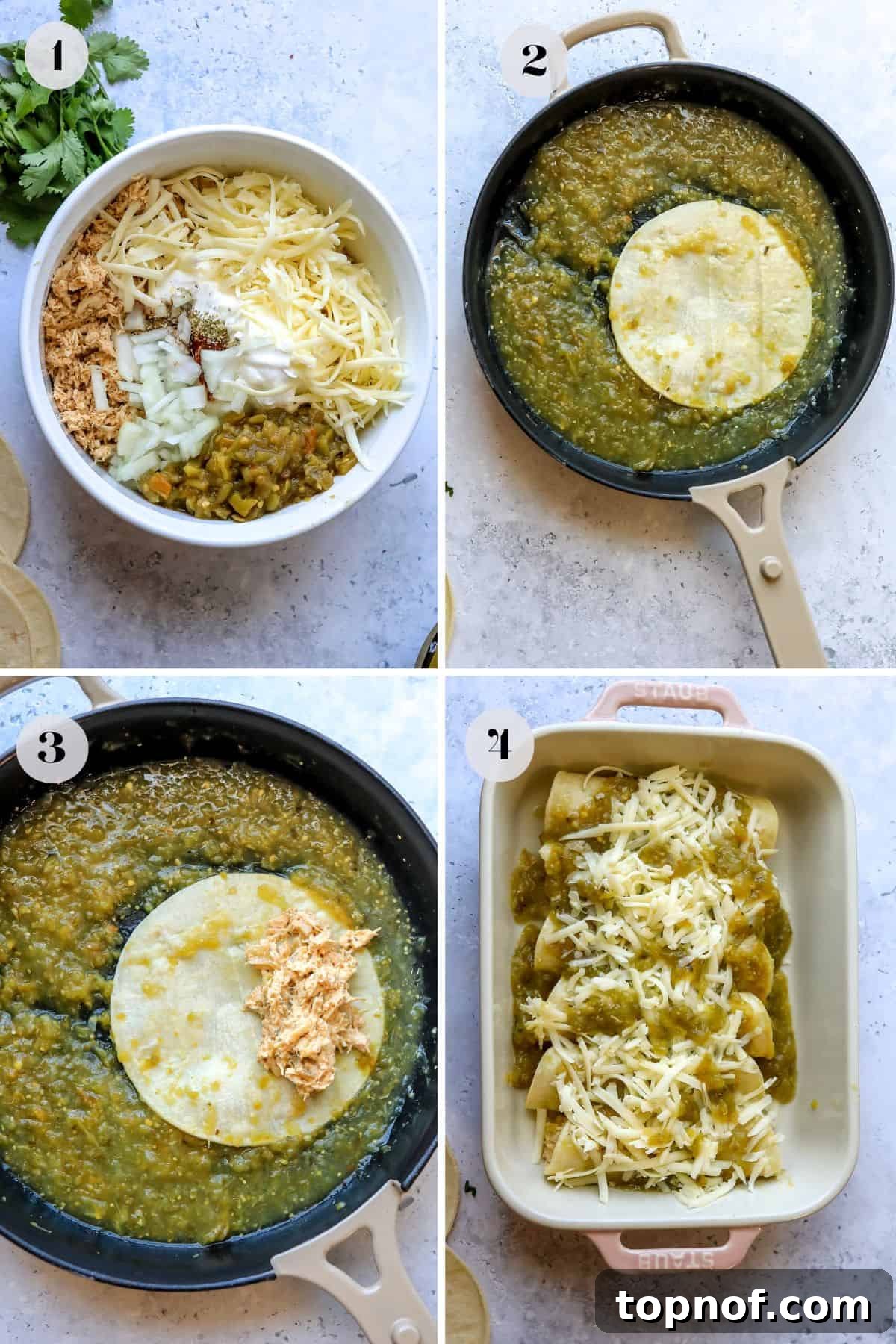 Zesty Green Chile Chicken Enchiladas 4 A visual guide showing simple steps to make Green Chili Chicken Enchiladas, featuring a skillet with filling, prepared tortillas, and a baking dish ready for assembly.