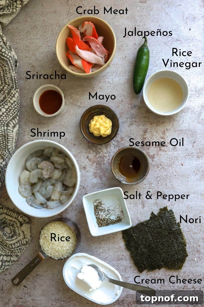 The Ultimate Sushi Bake 3 A vibrant display of sushi bake ingredients neatly arranged on a kitchen counter, featuring bowls of shrimp, crab, rice, and various sauces, ready for mixing.