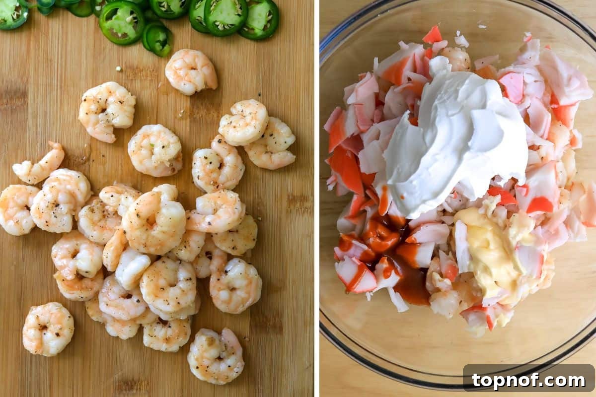 The Ultimate Sushi Bake 4 A visual collage illustrating the initial steps of making a sushi bake, showing raw shrimp on a cutting board, cooked shrimp being chopped, and all ingredients combined in a mixing bowl.