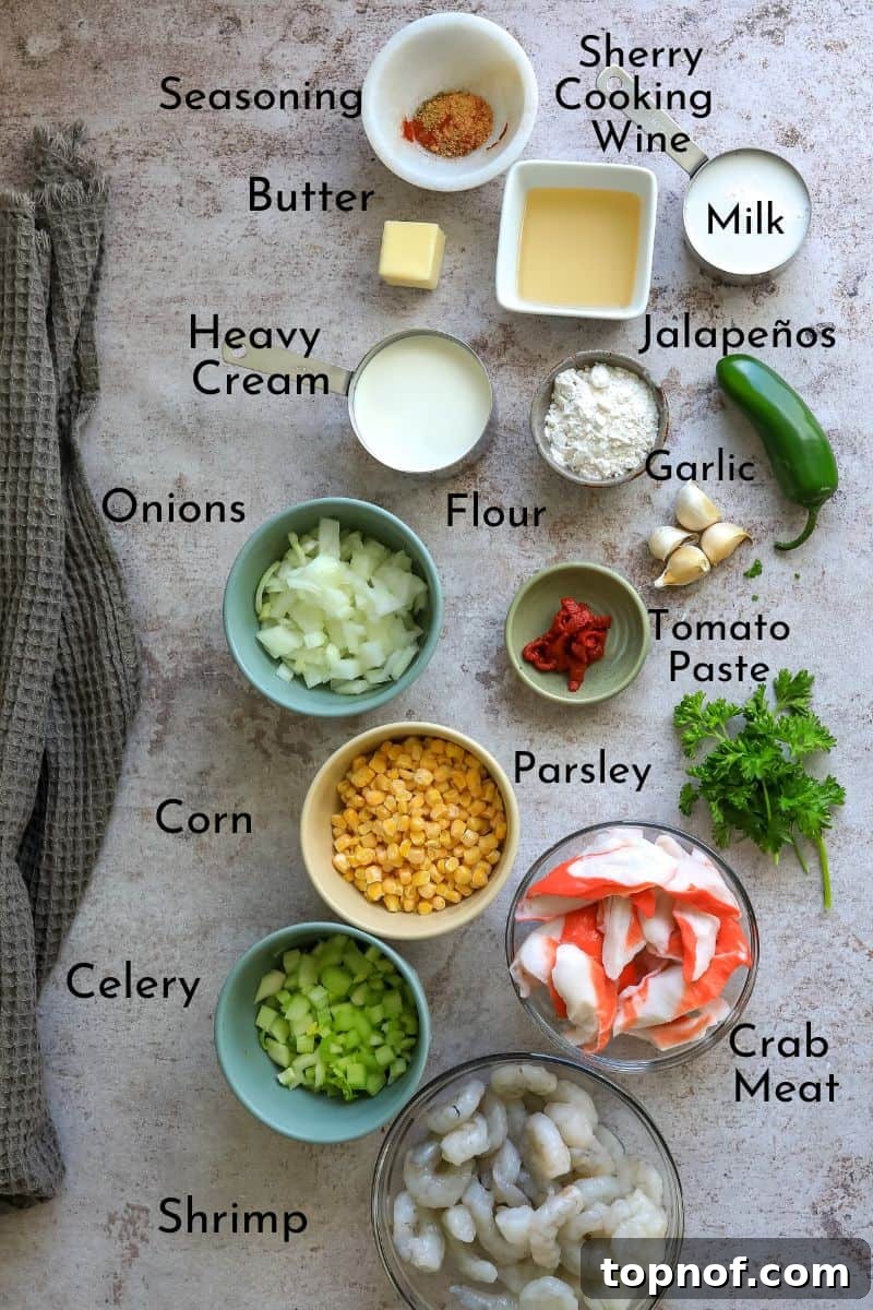 Velvet Shrimp and Sweet Corn Bisque 3 A collection of fresh shrimp and corn bisque ingredients laid out in small bowls on a grey countertop.