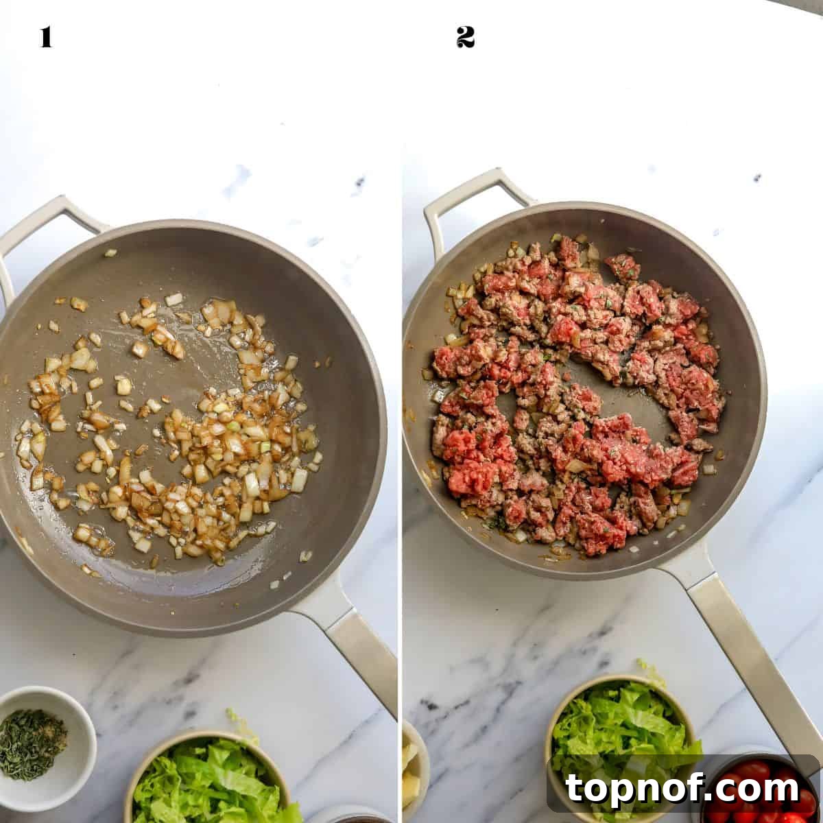 Bunless Cheeseburger Bliss 4 A grey skillet filled with finely diced onions and browning ground hamburger meat, actively sautéing on a stove top.