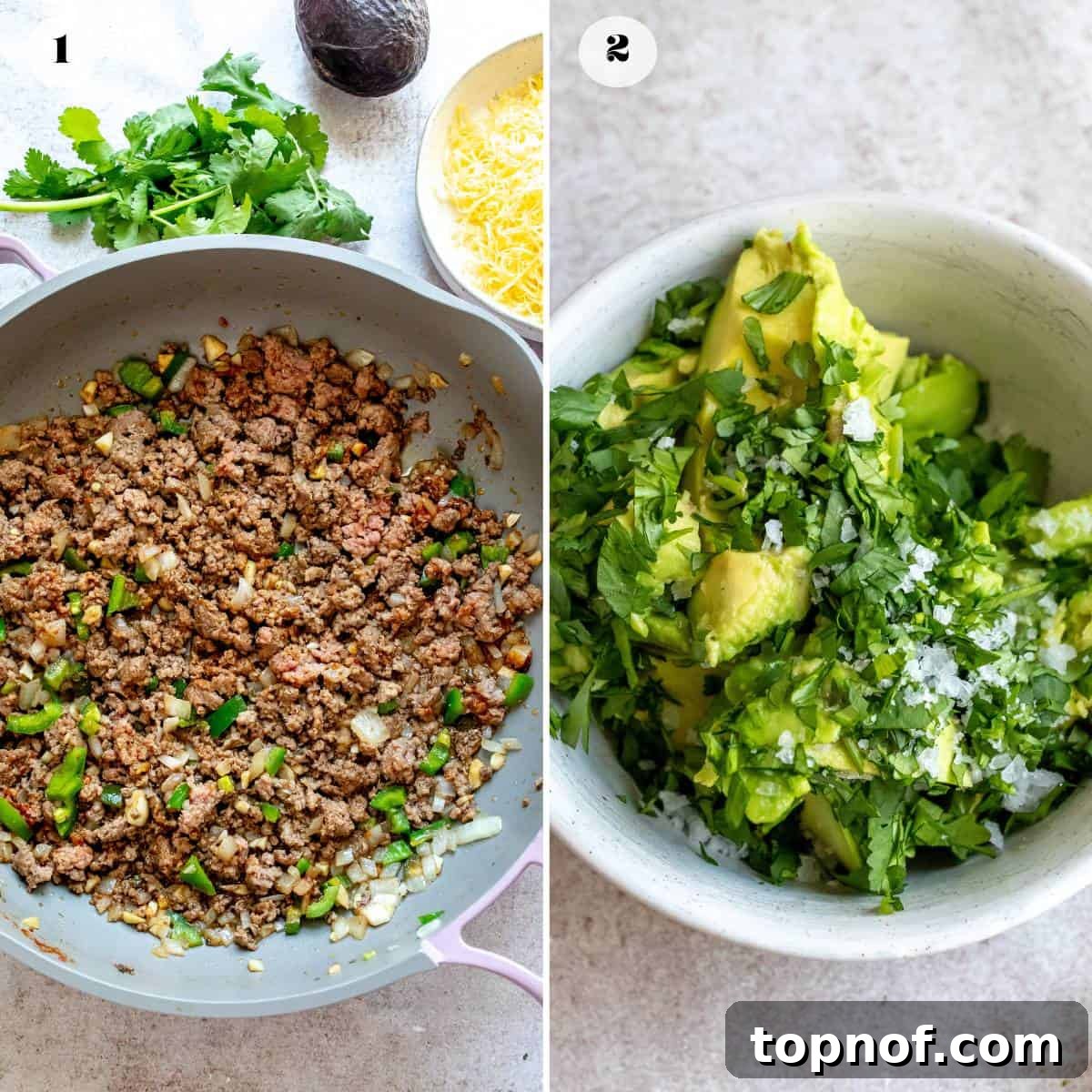 Loaded Taco Rice Bowl 4 Cooking ground meat and vegetables in a skillet for the Taco Rice Bowl.