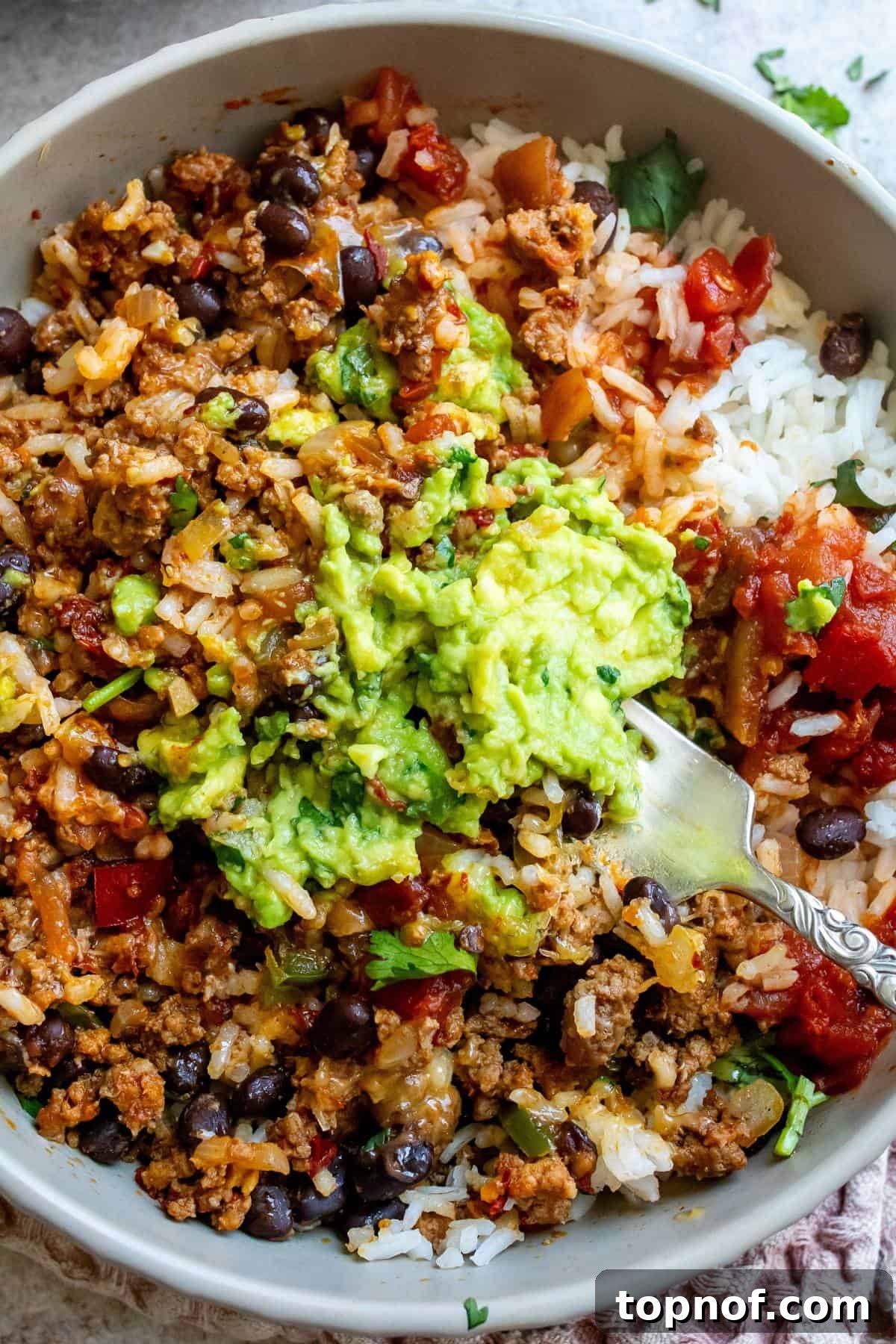 Loaded Taco Rice Bowl 5 Assembled Taco Rice Bowls, ready to eat, with various toppings.