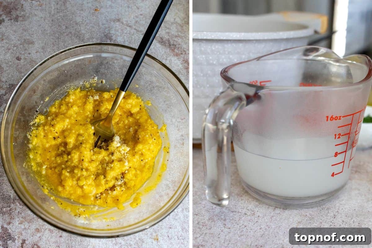 Creamy Carbonara with Crispy Pancetta 5 Close-up of egg yolks and grated Pecorino Romano cheese in a clear bowl, with a measuring cup of pasta water in the background.