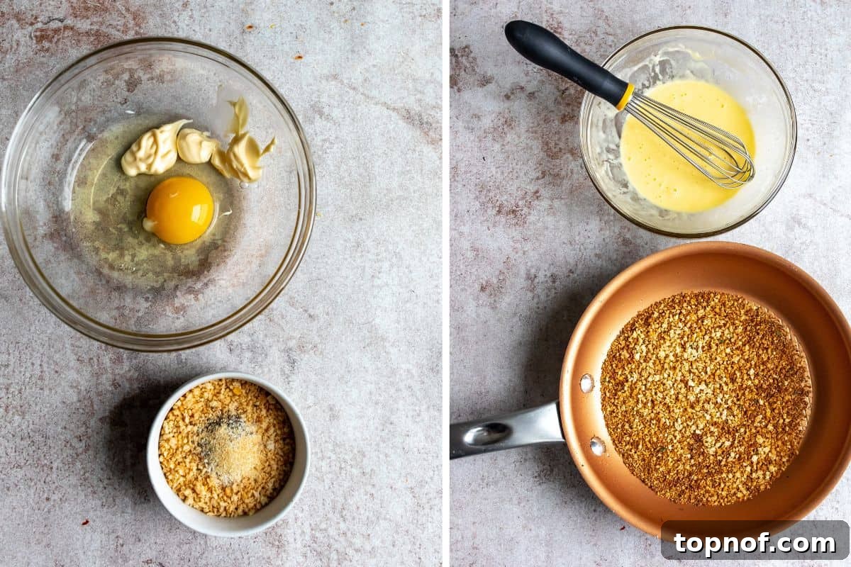 Crispy Chicken Delight 4 A series of small bowls with prepared ingredients for making the crispy chicken wraps, including a skillet with toasted panko breadcrumbs, illustrating the early steps of the recipe.