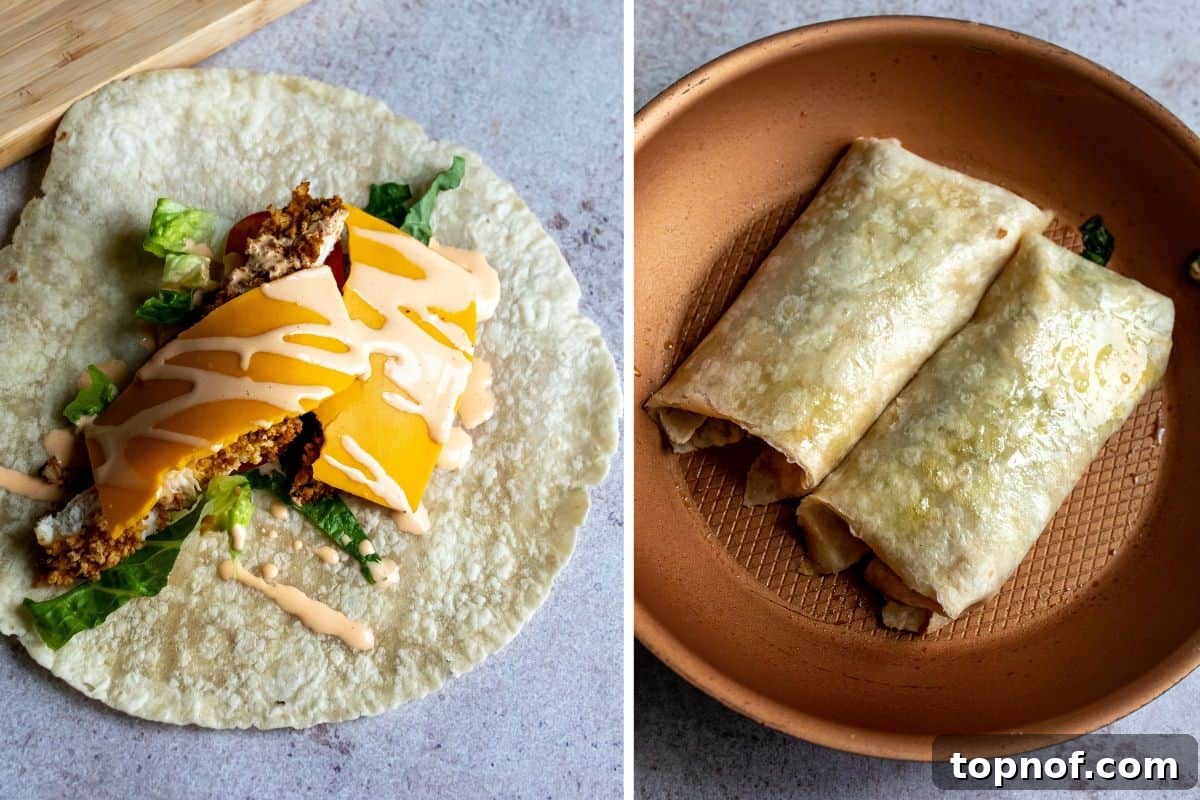 Crispy Chicken Delight 6 A freshly assembled wrap with generous toppings piled inside, and another wrap expertly rolled and placed in a hot skillet, ready for searing.