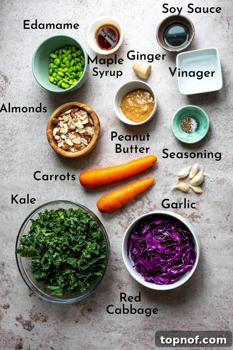 Crunchy Asian Cabbage Slaw 3 Ingredients to make Asian cabbage salad all on a counter in clear and white bowls. Fresh and colorful components ready for preparation.