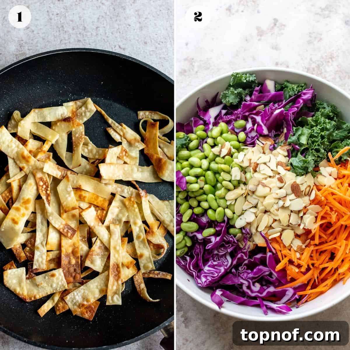 Crunchy Asian Cabbage Slaw 4 Step-by-step image showing prepped vegetables for Asian Cabbage Salad in a large bowl.