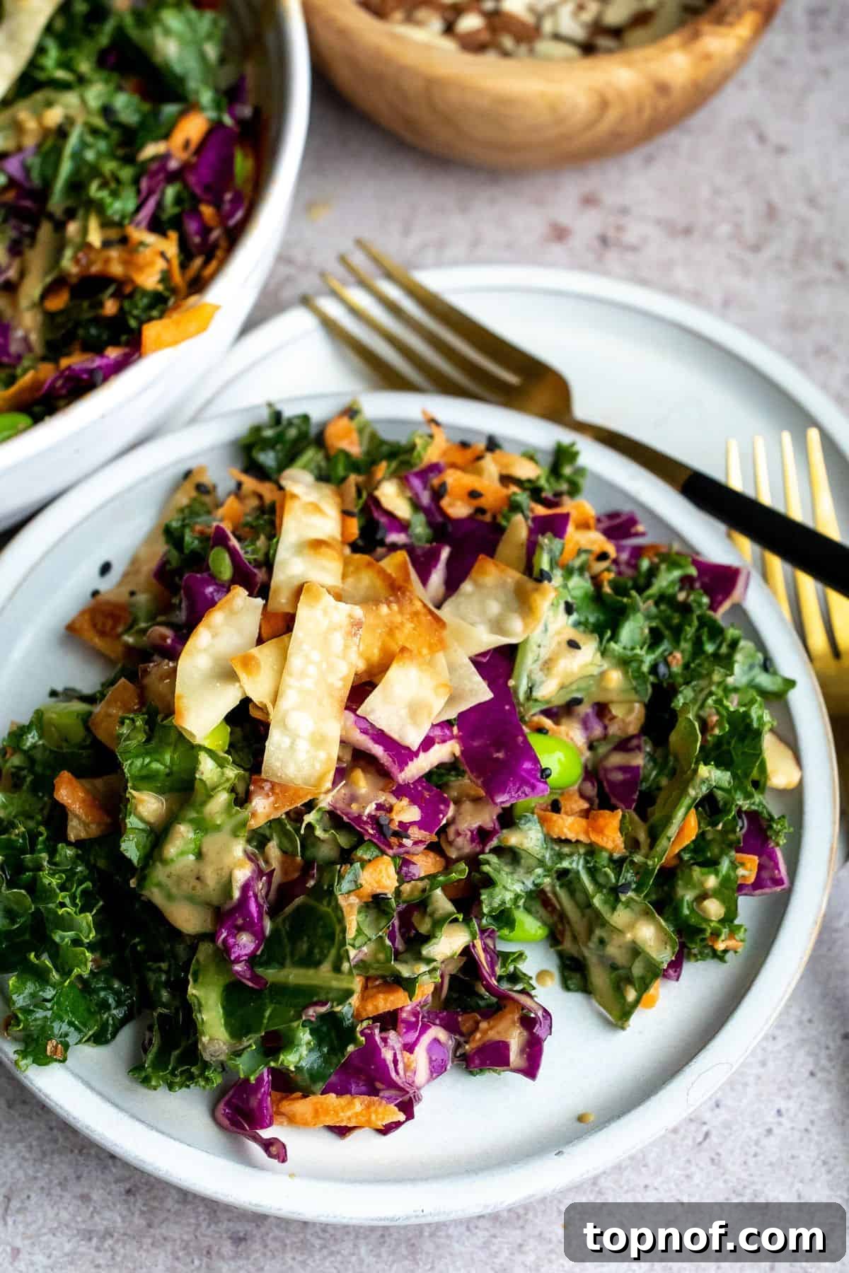 Crunchy Asian Cabbage Slaw 7 Asian cabbage salad on a white plate with a fork to the side. A close-up of a single serving, showcasing the texture and vibrant colors.